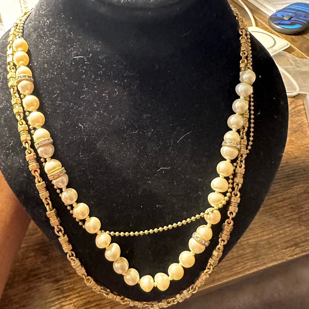 J..Crew gold tone, rhinestone faux Pearl necklace